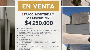CASA EN VENTA FRACC. MONTEBELLO, LOS MOCHIS, SINALOA