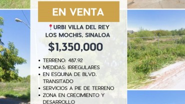 TERRENO EN VENTA, FRACC. URBI VILLA DEL BOSQUE, LOS MOCHIS, SIN.
