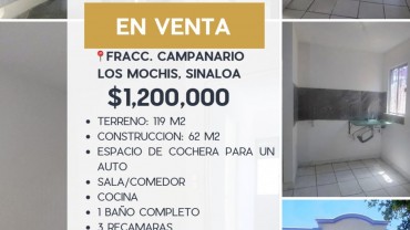 CASA EN VENTA FRACC. CAMPANARIO, LOS MOCHIS, AHOME, SIN.