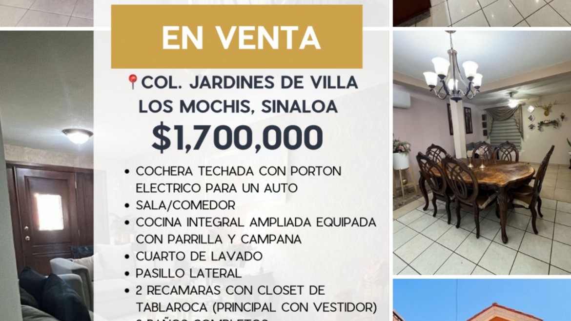 CASA EN VENTA COL. JARDINES DE VILLA, LOS MOCHIS, SINALOA
